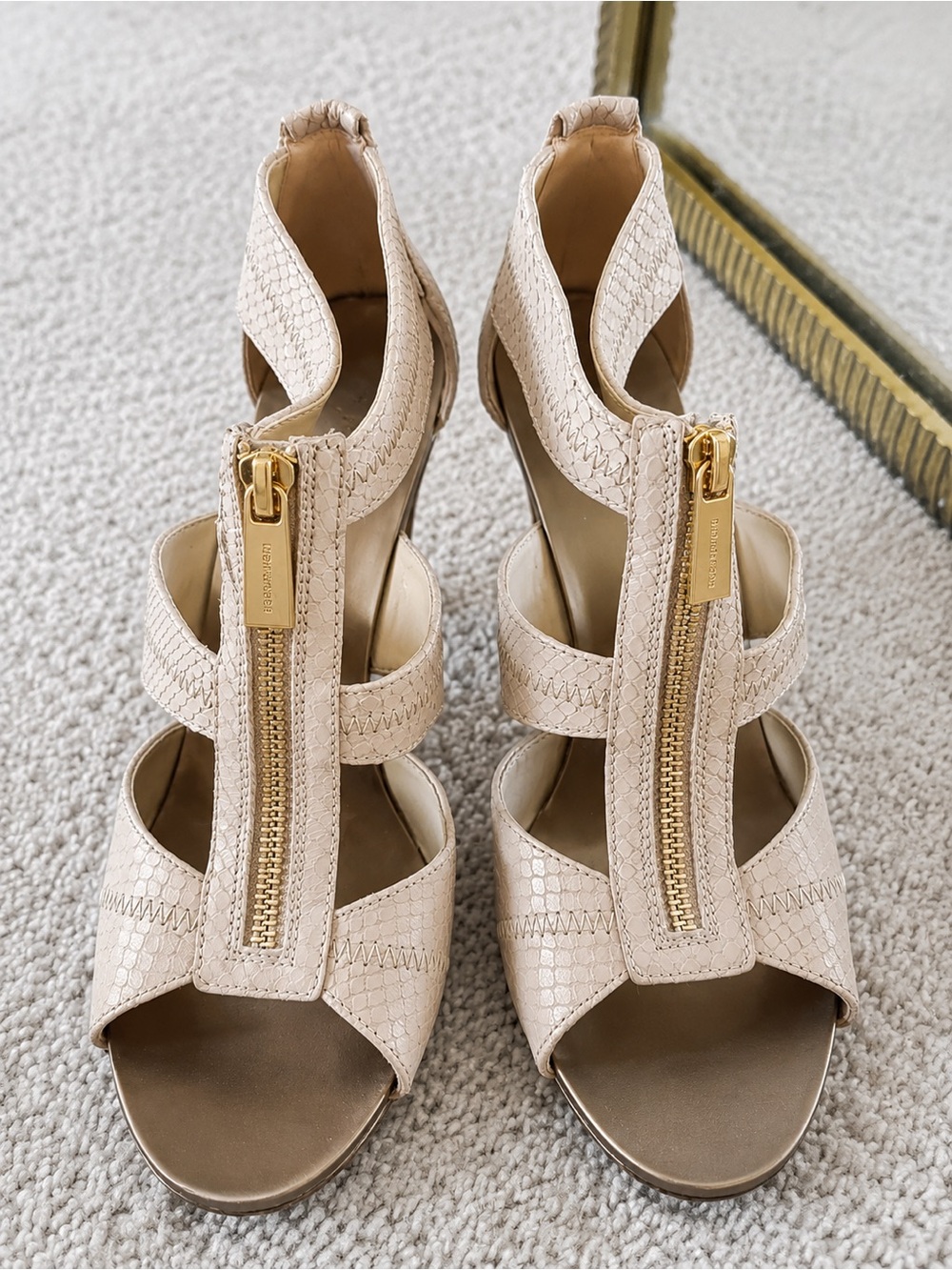 Michael Kors Beige Strappy High Heel Sandal with Gold Zip Accent - Picture 3 of 5
